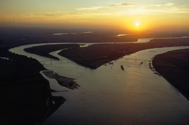 Twilight aerial view of the confluence of the Ohio and Mississippi Rivers, Cairo, Illinois