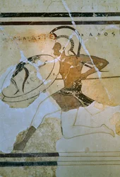 Wall fresco of a Hoplitodromos aka hoplitodromia runner. Acropolis Museum. Athens, Greece.