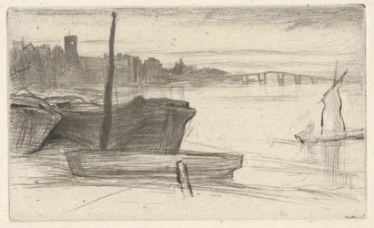 Chelsea Bridge and Church, from the Thames Set (A Series of Sixteen Etchings of Scenes on the Thames and Other Subjects)