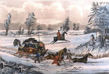 The Mail Coach in a Drift of Snow, engraved by G. Reeves, pub. by J. Watson 21/9/1825
