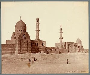 Egypt. Cairo. Two religious funerary complexes in the Northern Necropolis: of the Mamluk Sultan Inal (mid-15th century) [right] and the Mamluk Emir Kurkumas (early 16th century) [left]