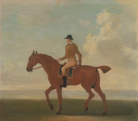 One of Four Portraits of Horses - a Chestnut Racehorse with Jockey Up: Walking to the Left; Jockey in Buff-Yellow Jacket