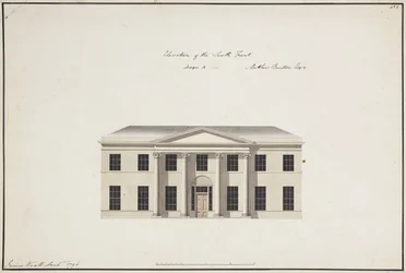 Soho House: Plan of the Ground Storey; Plan of the Bedchamber Storey; Elevation of the South Front, Design A, Elevation of the South Front, Design B, and Elevation of the North Front