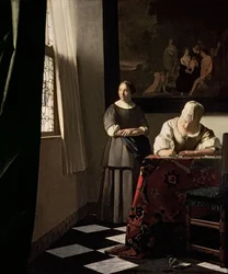 Lady writing a letter with her Maid