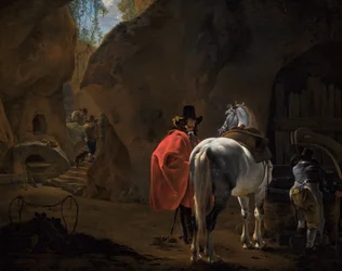 A Gentleman with a Grey Horse in a Cavernous Landscape