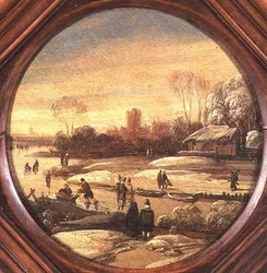 A winter landscape with skaters on a frozen waterway