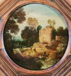 A Wooded Landscape with Herdsmen and Goats by a Pool