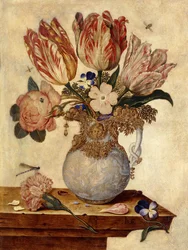 Tulips, Forget-me-nots, Peonies and Other Flowers in a Vase on a Ledge
