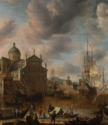 A Mediterranean capriccio harbour with figures conversing on a quay and a Dutch three-master moored beyond, 1665