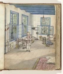 Living Room with Son Jantje and Flora, an Enslaved Woman, by a Spinning Wheel