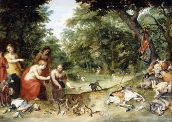 An Allegory of the Elements, Earth, Air and Water: Nymphs bathing in a wooded Glade with Trophies of the Hunt nearby