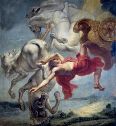 The Fall of Phaeton: Unable to control the chariot of Helios, Phaeton is struck by Zeus