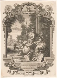 Cartouche with Allegory on the History of Greece (Title Page for: Kornelis Westerbaen, General History, 1742)