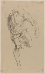 Study of a nude male, standing from the front with drawn up left leg, headless