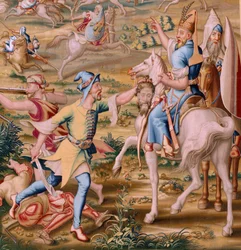 Flemish Tapestry. Series The Conquest of Tunis. The Attack on La Goleta. Fourth Tapestry in the Series. Model Jan Vermeyen and Pieter Coecke van Aelst. 1543-1548. Manufacture Real Fábrica de Tapices de Santa Bárbara, Madrid.