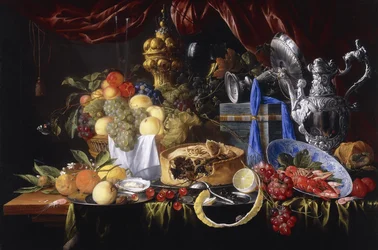 A Pie on a Pewter Plate, a Partly Peeled Lemon, A Silver Spoon on a Pewter Plate, Crayfish and Shrimp in a Wanli Kraak Porcelain Bowl