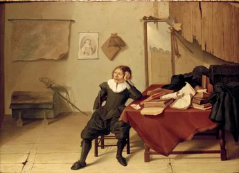 Interior of a Room with a young Man seated at a Table