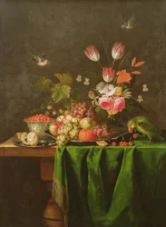 Still Life of Fruit and Flowers with a Parrot on a Table Covered with a Green Cloth