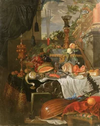 Still life of food and musical instruments