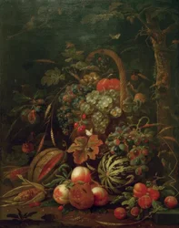 Still Life with Fruit Basket, Pumpkin, Melon, and Peaches by an Oak