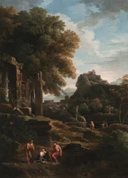 A classical landscape with figures in the foreground, ruins to the left and a figure in the centre making a sacrifice