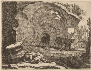 Four Dogs, One Sleeping beside a Capital