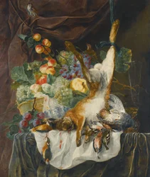 Still Life of a Hare, Game and Songbirds Before a Still Life of Fruit in a Basket on a Ledge