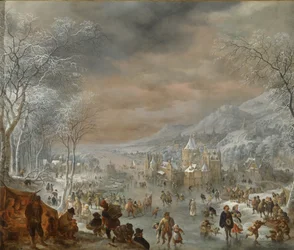 Winter Landscape with Skaters, Church and Village Along the Bank of a River
