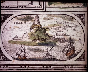 Representation of the Seven Wonders of Antiquity: the Lighthouse of Alexandria. in the Atlas by Jansson Jannsonius printed in Amsterdam in 1630