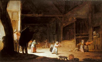 A Masquerader Scaring Children in a Barn
