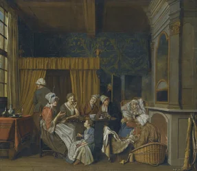 A family taking tea while celebrating the birth of twins