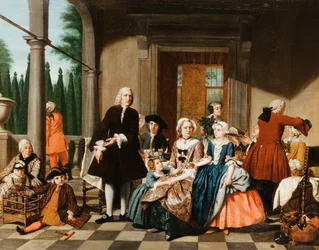 Portrait of a Family Dining on a Portico, a Formal Garden Beyond, 1747