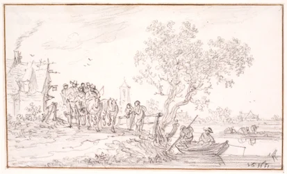 A Wagon with Travelers by an Inn
