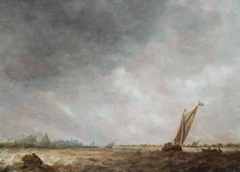 An Estuary Scene with Shipping in Choppy Water