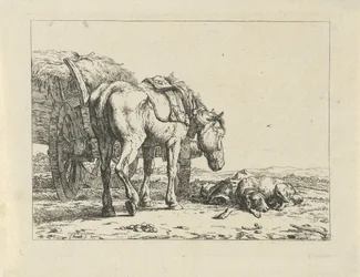 Horse and Dog by a Hay Wagon