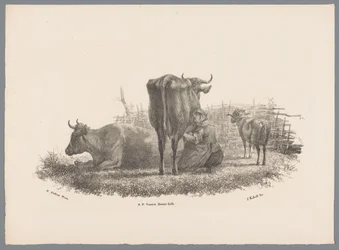 Milking farmer, two cows and a ram (series title: Animal Studies by J. Kobell after Paul Potter No. 1)