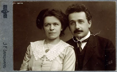 Carte-de-visite portrait photograph of Albert Einstein and Mileva Einstein-Maric in 1911
