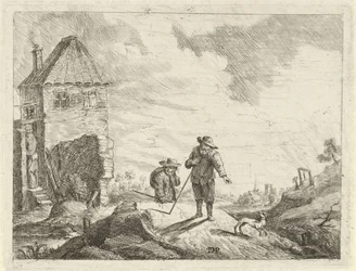 Two Farmers with a Dog on a Country Road