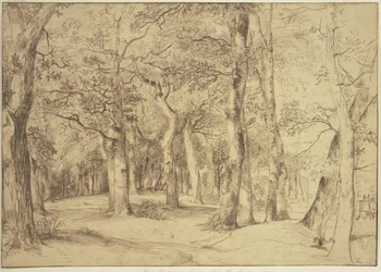 The interior of a forest, with a painter seated at an easel on the right