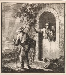 A Man in a Doorway Gestures to a Tired Traveller to Continue