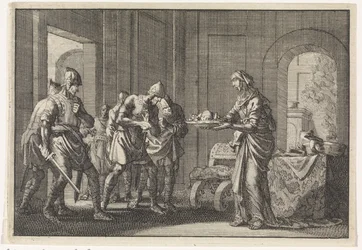 Mother shows warriors the remains of her eaten child during the famine in Jerusalem