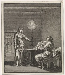 Woman Lights a Reading Woman in a Dark Room with a Candle