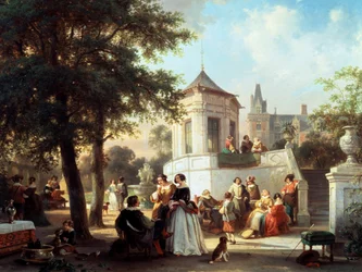 The Garden Party 1854. Painting by Jan Michiel Ruyten (1813-1881 Belgian) Private collection