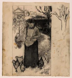Annie Mankes-Zernike Feeding Chickens, Right: Studies of a Tree and Chickens