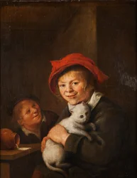 Two Boys Playing with a Cat