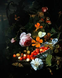 A still life of strawberries in a bowl and flowers