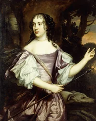 Portrait of a Lady, Standing Three-Quarter Length, Wearing a Lavender and White Satin Dress