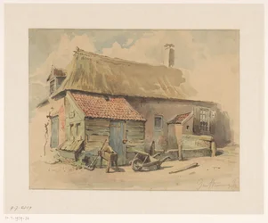 Peasant House with Wooden Extension, with a Wheelbarrow and a Grindstone in Front