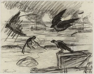 Seascape with Fisherman, in the Foreground a Wheelbarrow with Birds