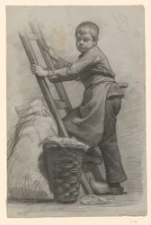 Boy Standing beside a Ladder and a Basket